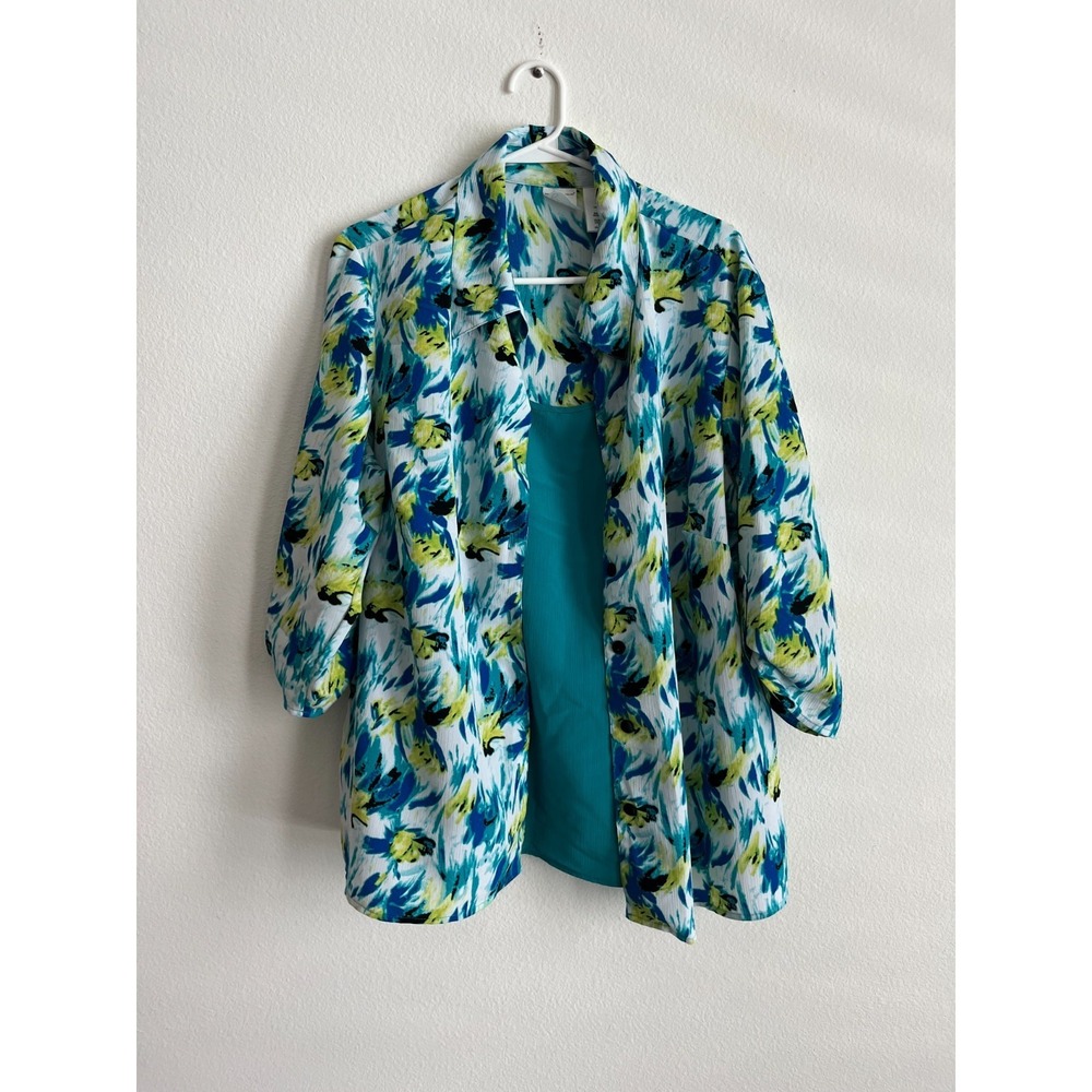Just My Size Layered Shirt Women 2X(18-20) Blue Blaze Floral Side Slit Button Up